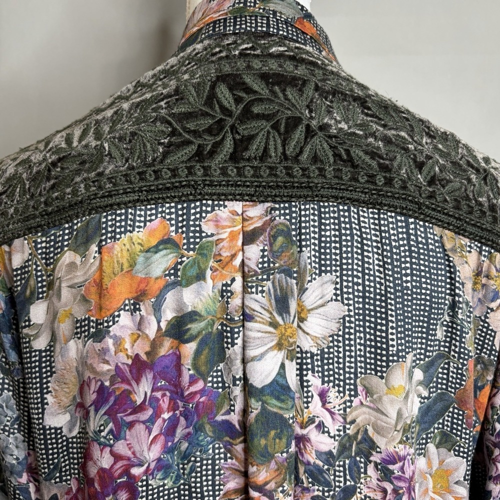 Johnny Was Silk Blend Top S Green Purple Floral Velvet Whimsigoth Boho Shirt - Picture 9 of 13